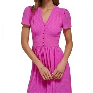 DNKY V-Neck Short Sleeve, Covered Button, Bodice Chiffon -A-Line Midi Dress